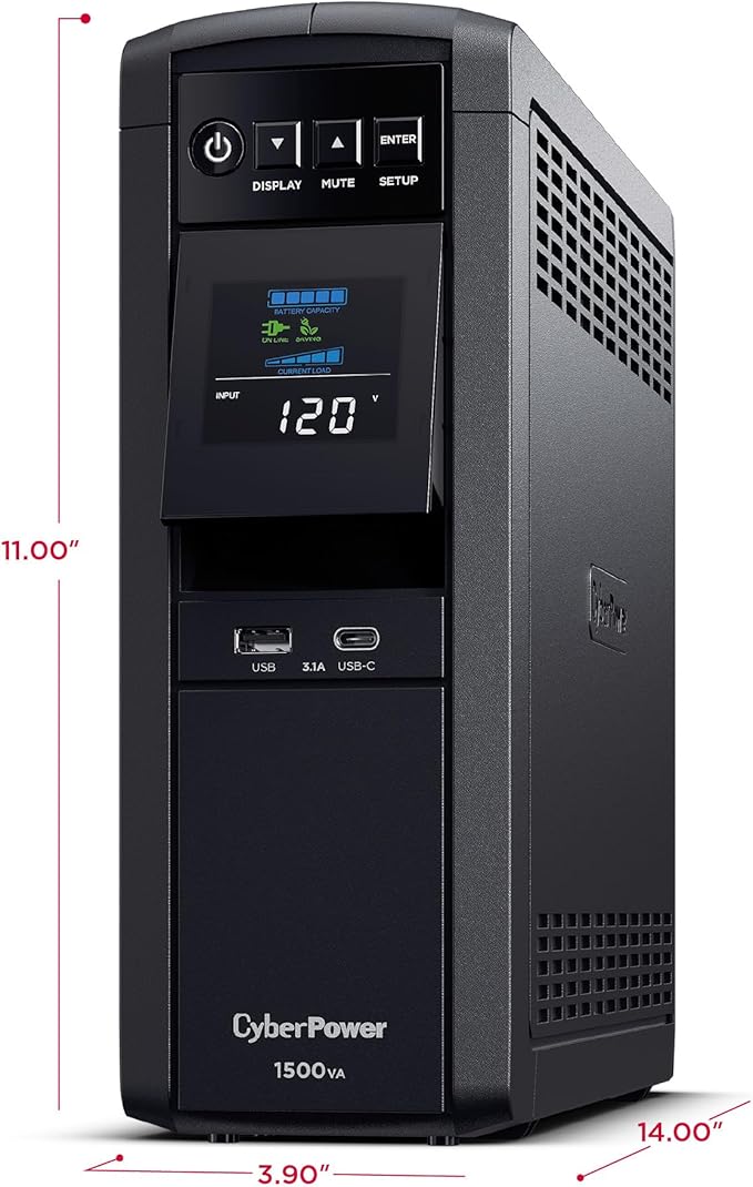 CyberPower CP1500PFCLCD PFC Sinewave UPS Battery Backup and Surge Protector, 1500VA/1000W, 12 Outlets, AVR, Mini Tower, UL Certified