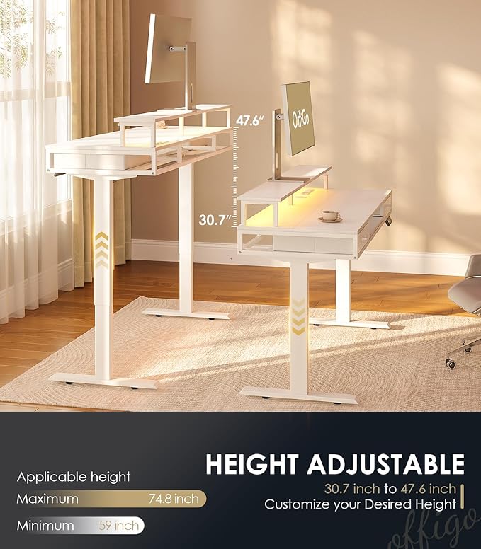 OffiGo Electric Standing Desk with Drawers & Keyboard Tray, 63 Inch Height Adjustable Desk with Power Outlets & LED Lights, Sit Stand Table with Monitor Stand for Home, Office, White