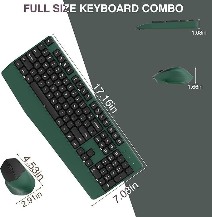 Wireless Keyboard and Mouse Combo, Full-Sized 104 Keys 2.4GHz Wireless Keyboard with Palm Rest and Wireless Mouse for Windows, Mac OS PC/Computer/Laptops/Desktops(Green)
