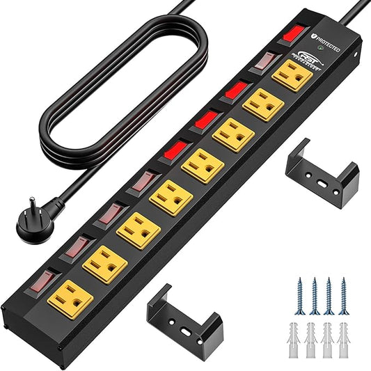 CRST 8 Outlet Heavy Duty Power Strip with Individual Switches, 15A/1875W Metal Power Strip Surge Protector with Circuit Breaker (1200 Joules), 6 FT 14AWG Extension Cord and Mounting Bracket