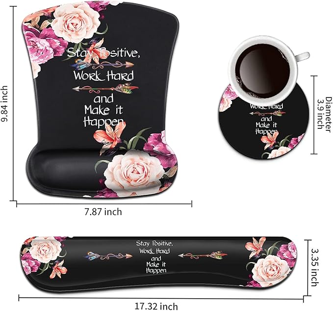 Keyboard Wrist Rest Pad and Ergonomic Mouse Pad Wrist Support Set Peony Flower Stay Positive Work Hard and Make It Happen for Gaming, Office, Comfortable and Pain Relief with Coaster Set