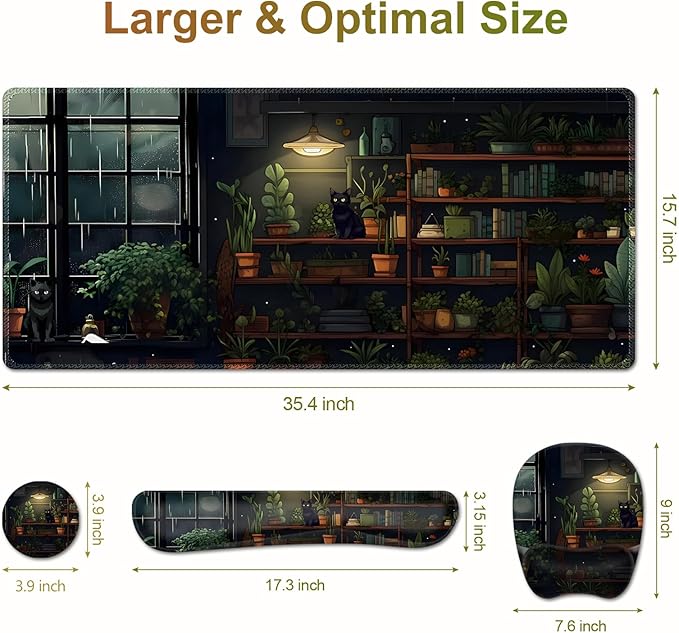 Aesthetic Green Plant Books Mouse Pad with Wrist Support 4 in1 Set, XXL Big Game Mousepad + Keyboard Wrist Rest + Mouse Wrist Rest Pad +Coaster Gaming Mat for Work Study I Japanese Anime Lofi Cat