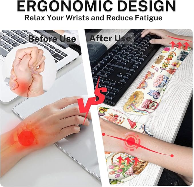 Arttown Tropical Fruit Desk Mat Floral Colorful Mouse Pad Set 4 in 1 Ergonomic Design Large Mouse Pad + Keyboard Wrist Rest + Mouse Wrist Rest + Coaster Suitable for Home Office Study Game