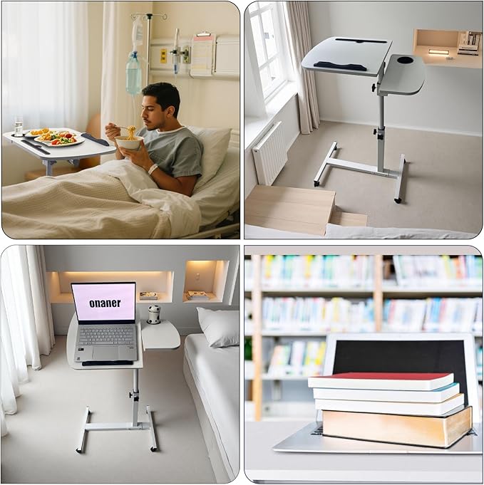 Laptop Table for Couch,Height Adjustable Moving Desk with Wheels & Overbed Tables, Mobile Rolling Computer Cart as Hospital Bed Table for Home Use