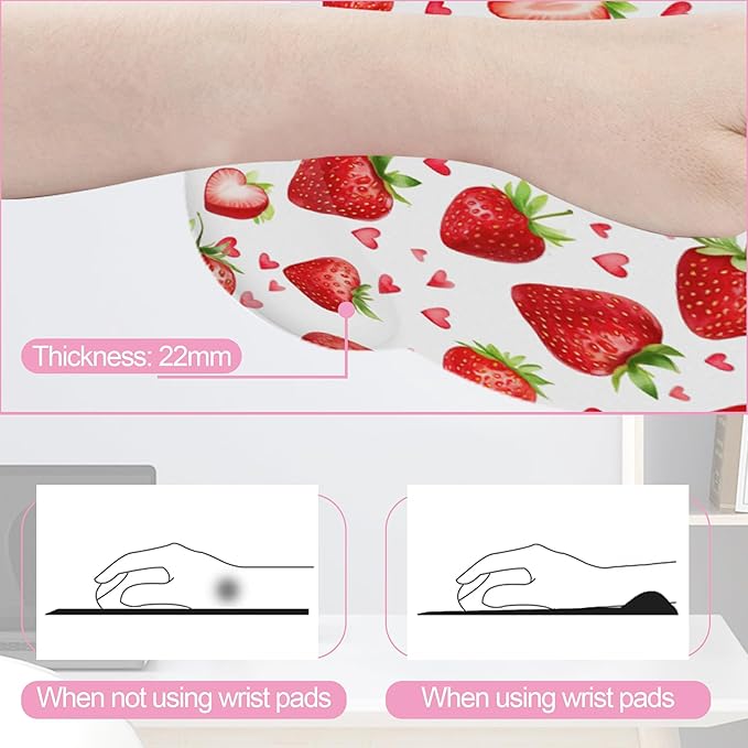 Cute Strawberry Heart Keyboard Wrist Rest Pad Mouse Pad Set,Ergonomic Mousepad Wrist Support Memory Foam Desk Pad for Gaming Office,Non-Slip Rubber Base Easy Typing for Home Office Computers