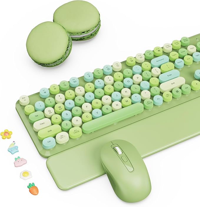 Wireless Keyboard and Mouse Combo with Detachable Magnetic Wrist Rest, Retro Typewriter-Style Keyboard, Round Keycaps, 3-Level DPI Ergonomic Mouse, 2.4GHz for Windows PC/Laptop (Sage Green Mix)
