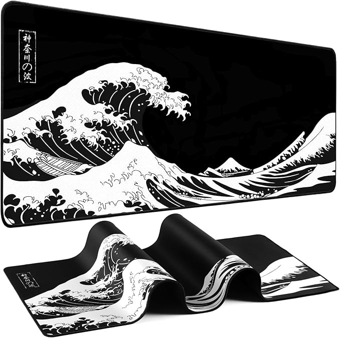 Mouse Pad Gaming - Desk Mat for Keyboard and Mouse - Japanese Sea Wave Large Mouse Pads for Desk, Desks Pad(35.4" X 15.7") with Non-Slip Base, Kanagawa Gaming Mousepad for Game, Office and Home