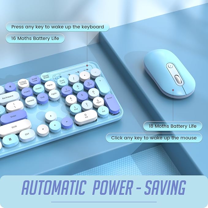 Wireless Keyboard and Mouse, Silent Keyboard Mouse Combo, Full-Sized Colorful Typewriter Keyboard with Round Keycaps, 2.4G Cute Mouse Compatible with PC/Laptop/Computer(Blue White)