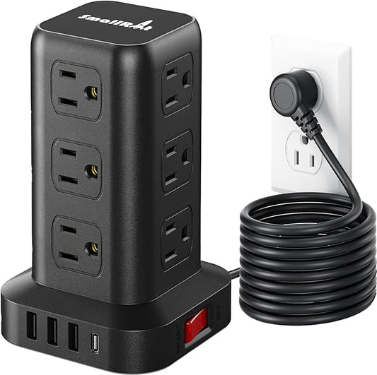 Extension Cord with Multiple Outlets, SMALLRT Surge Protector Tower, PD 20W USB C, Power Strip with USB Ports 12 AC Outlets, 10FT Outlet Extender for Home Dorm, Office Supplies, Overload Protection