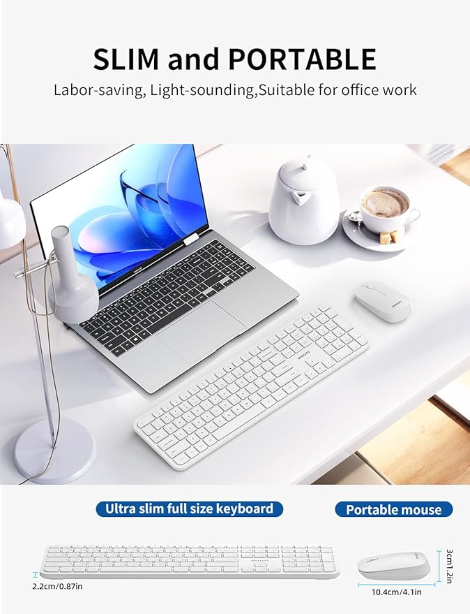 Philips Wireless Keyboard and Mouse Combo,2.4G 2 in 1 Receiver Cordless Full Size Keyboard and Mice,Ultra Slim and Quiet Keyboard & Ergonomic Mice for Windows XP/7/8/10,Mac OS X10.4 or Higher-White