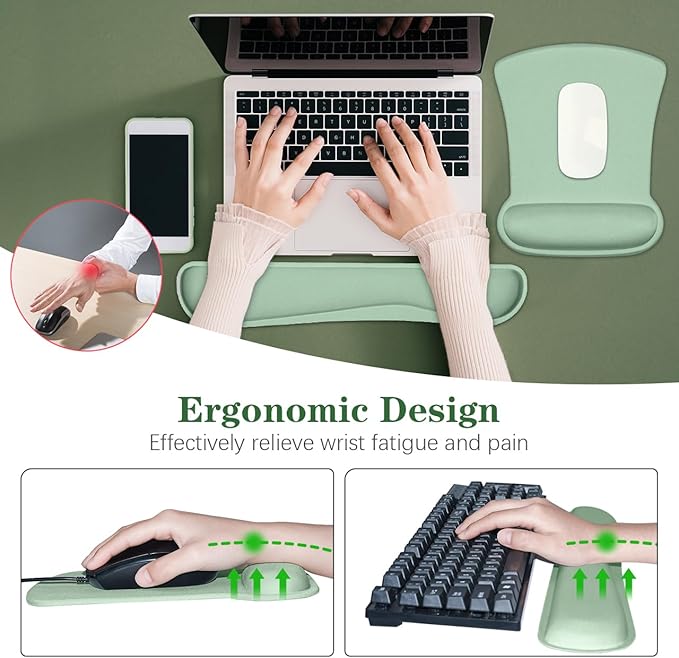 Ergonomic Wrist Rest Support for Mouse Pad&Keyboard Set, Comfortable Memory Foam Keyboard Pad and Soft Gel Mouse Pad, Easy Typing and Pain Relief for Gaming, Office, Laptop, Green