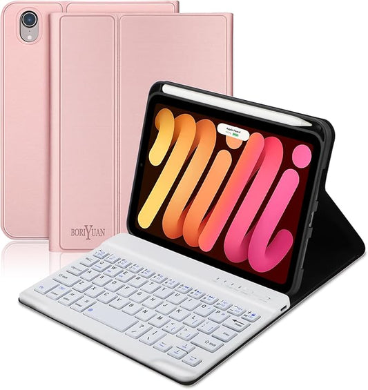 BORIYUAN iPad Mini (A17 Pro) 7th Keyboard Case 2024, Detachable Wireless Bluetooth Keyboard, Smart Slim Folio Cover with Build-in Pencil Holder for iPad Mini 7th/6th 2021 Generation 8.3 inch Rose Gold