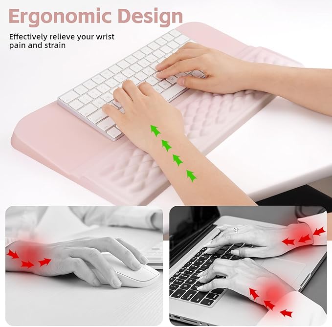 MOSISO Keyboard Stand with Wrist Rest, Ergonomic Keyboard Riser with Wrist Rest Support Pad, Non-Slip Base Pain Relief & Easy Typing Cushion with Massage Memory Foam for Home Office, Pink