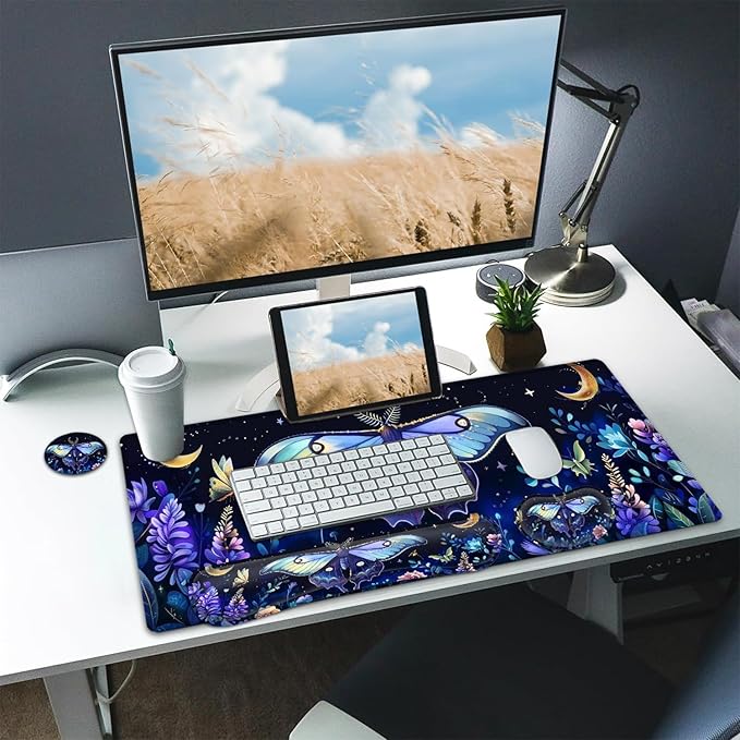 Large Mouse pad and Keyboard Support Set, Ergonomic Memory Foam Keyboard Wrist Rest, Extended Gaming Mouse Pad with Stitched Edges, Blue-Purple Moths and Moon Flowers XXL Desk Mat