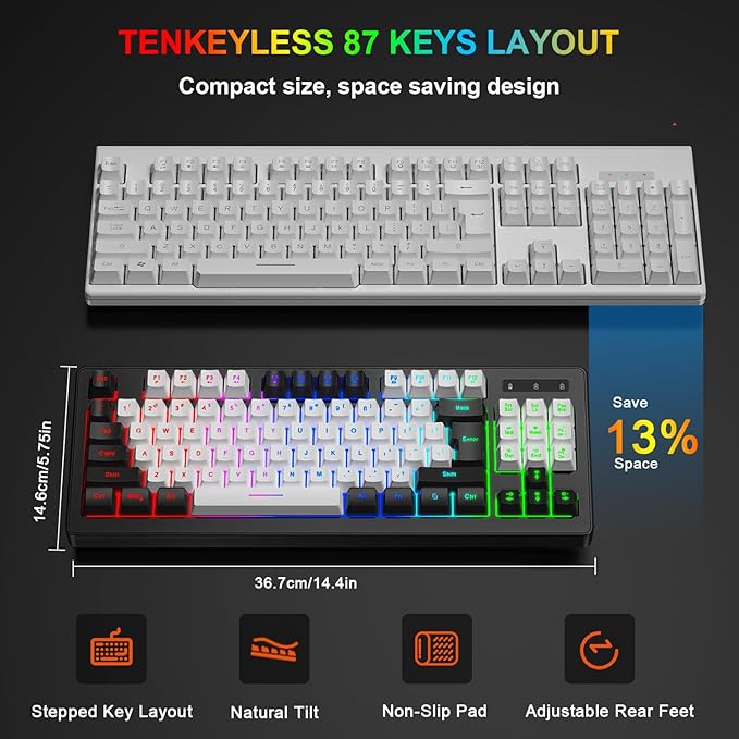 BlueFinger Wireless Gaming Keyboard and Mouse Combo, RGB Rainbow Backlit Rechargeable Battery, 87 Keys TKL Light Up Keyboard with Ergonomic Gaming Mouse for Mac Laptop Computer PC Gamer(Black & White)