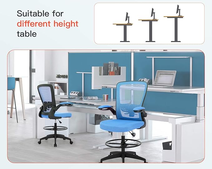 BestOffice Drafting Chair Tall Office Chair Adjustable Height with Lumbar Support Arms Footrest Mid Back Standing Desk Chair Swivel Rolling Mesh Computer Chair Standing Desk Drafting Stool Blue