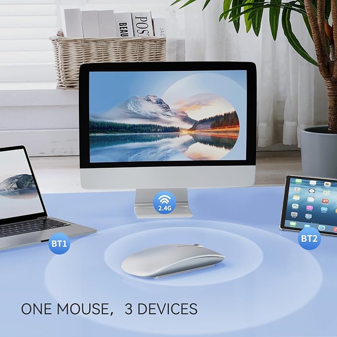 TENMOS M18 Bluetooth Mouse, USB C Rechargeable Wireless Mouse, Triple Mode (Dual Bluetooth+USB) Computer Silent Mice Portable with USB Receiver and Type C Adapter for Laptop/MacBook/iPad/PC - Silver