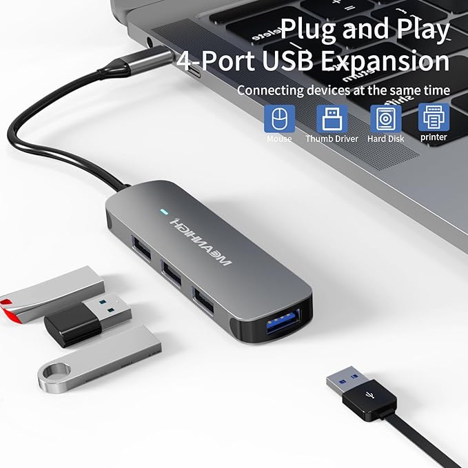 USB C Hub 4 Ports, MEANHIGH Multiple USB 3.0, 2.0 Splitter Portable USB C to USB Adapter for Laptop, Plug and Play Mini USB Extender for PC, Flash Drive, Mobile HDD