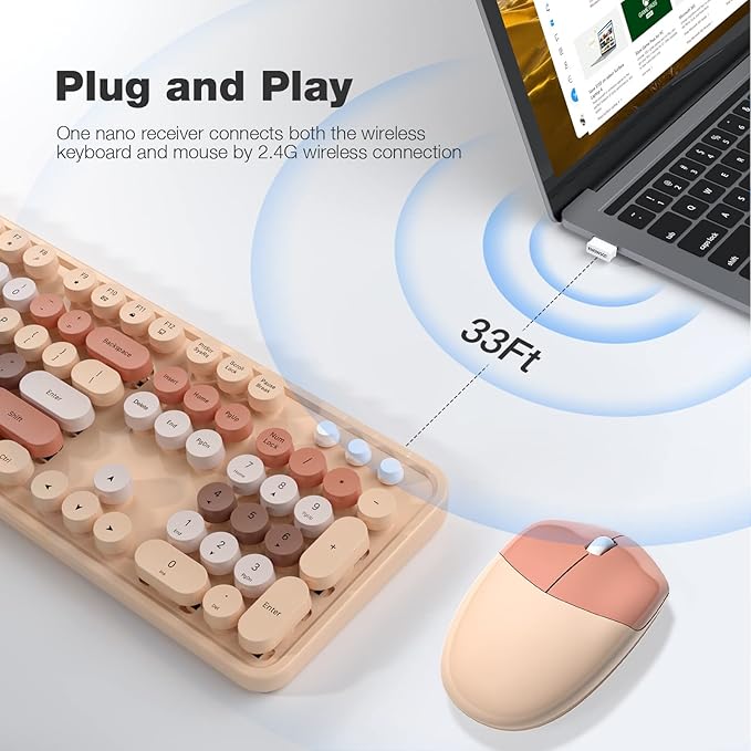KNOWSQT Wireless Keyboard and Mouse Combo, MilkTea 104 Keys Full-Sized 2.4 GHz Round Keycap Colorful Keyboards, USB Receiver Plug and Play, for Windows, Mac, PC, Laptop, Desktop