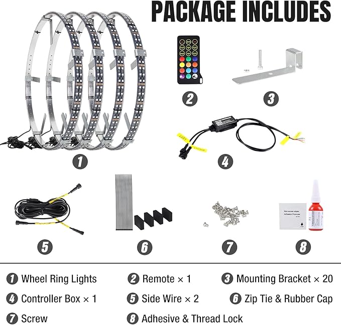 Adjustable 14-18inch 2-Rows Adjustable Wheel Ring Lights, RGBW Wheel Lights for Truck, LED Chases Dancing Color Rim Lights Fit for All Truck Pickup Car SUV Off-Road 4 Wheels Vehicle