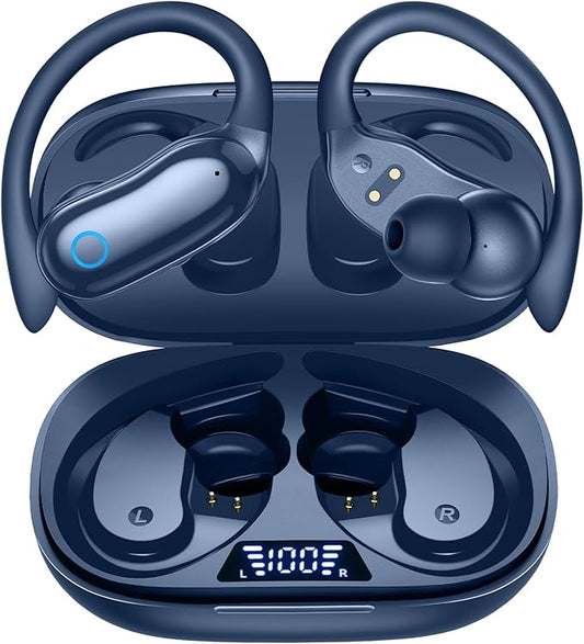 GNMN Active Noise Cancelling Ear Buds Wireless Earbuds 96hrs Playback Bluetooth Headphones Dual Battery Display Stereo Bass Earphones with Earhooks Microphone IPX7 Waterproof for Sports/Workout