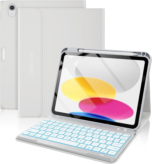 typecase Folio Keyboard Case for iPad 10th Gen 10.9 inch (2022) and iPad 11th (A16, 2025), Magnetic Wireless Detachable Keyboard, 7-Color Backlight, Thin & Light, Pencil Holder – Gray