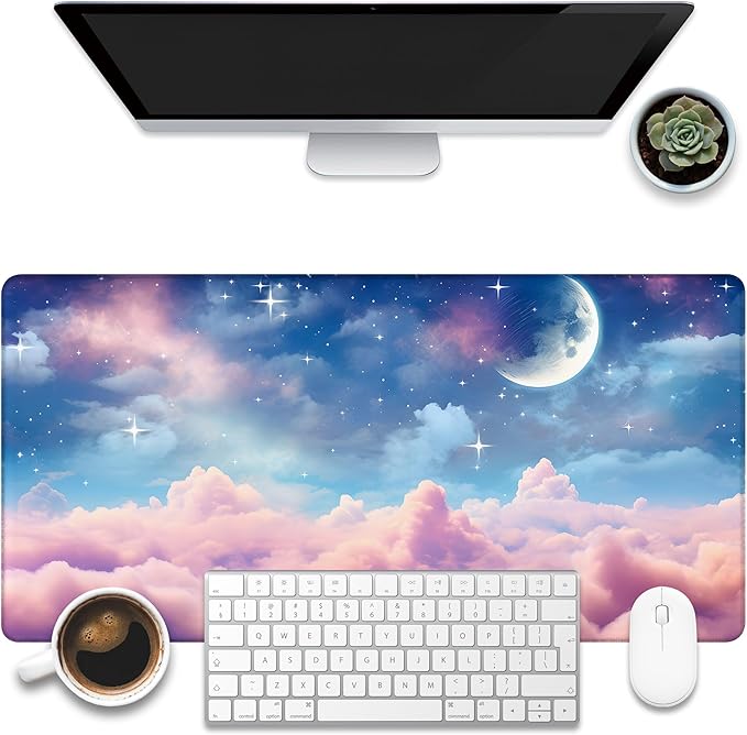 Desk Pad, Watercolor Fantasy Clouds Cape Desk Mat, Stars and Crescent Moon Large Gaming Mouse Pad for Desk, 31.5"x15.7" Extended Big Computer Mouse Pad with Non-Slip Base and Stitched Edge