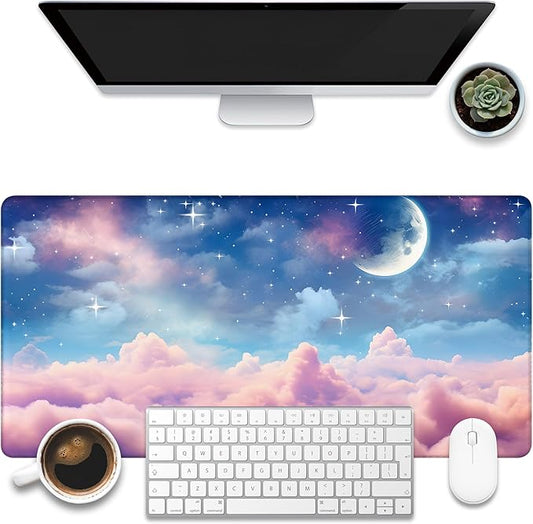 Desk Pad, Watercolor Fantasy Clouds Cape Desk Mat, Stars and Crescent Moon Large Gaming Mouse Pad for Desk, 31.5"x15.7" Extended Big Computer Mouse Pad with Non-Slip Base and Stitched Edge