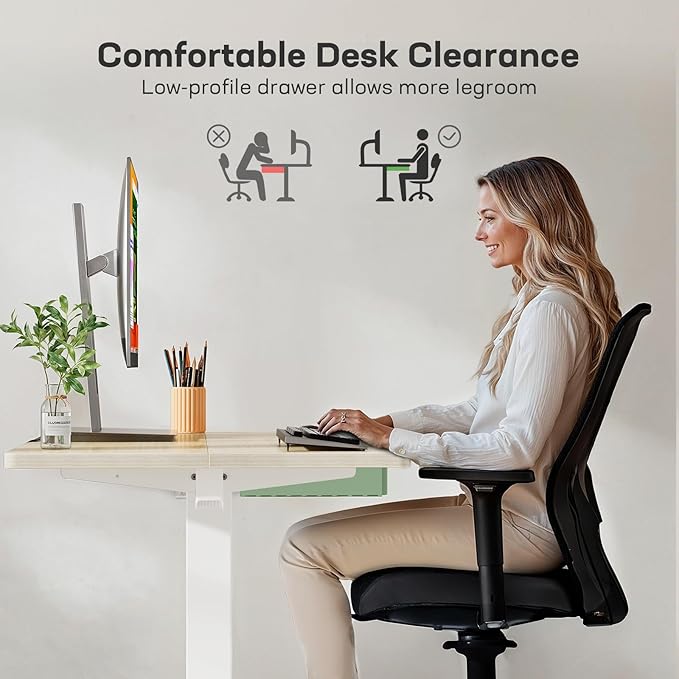 Marsail 48x24 Electric Standing Desk with Drawer, Computer Desk, Sit Stand Office Table with Storage & Hooks & Cable Management, Ergonomic Height Adjustable Table for Home Office, Maple
