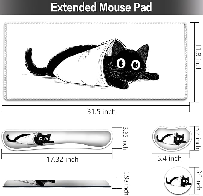 Large Mouse pad and Keyboard Support Set, Ergonomic Memory Foam Keyboard Wrist Rest, Extended Gaming Mouse Pad with Stitched Edges, Socially Anxious Cat White XXL Desk Mat (31.5 X 11.8 in)