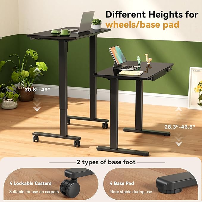 Glass Standing Desk with Drawer, Electric Sit Stand Desk with Wheels, 35×20Inch Whole Piece Height Adjustable Rising Table, Small Computer Workstation, Black