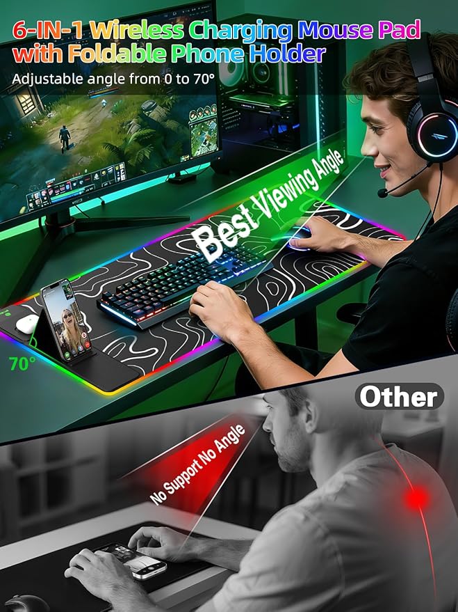 Mouse Pad with Foldable Phone Holder & Wireless Charger, XXL RGB Gaming Mousepad 31.5"x15.8" Large Desk Mat for Keyboard, 11 Colors 5 Modes