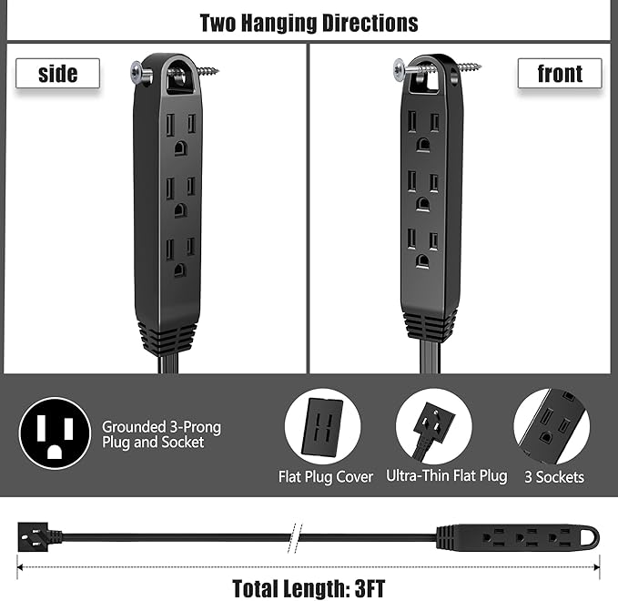 3FT Ultra Flat Plug Extension Cord Power Strip with 3 Outlets, Patented Detachable Ultra-Thin Outlet Cover Concealer & Ultra-Flat Plug, Max. 13A 125V 1625W ETL Listed, Black Color
