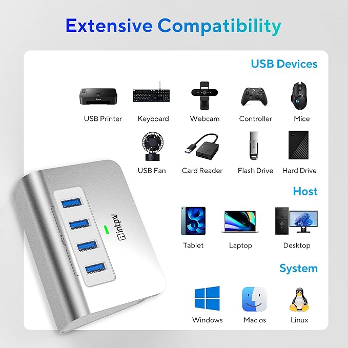 USB 3.0 Hub, Aluminum 4 Port USB Data Hub 3.0 Port Extender Multiport Adapter with 3.3ft Cable ，USB Splitter for Laptop, PC/Xbox/Flash Drive/Printer/Camera/Keyborad/Mouse