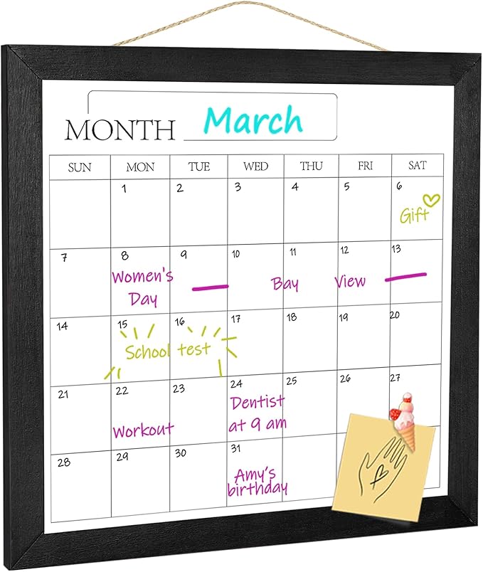 Umtiit Monthly Calendar Dry Erase Whiteboard 11.8 x 11.8 inch(30 x 30 cm), Black Wood Frame, Magnetic Surface Whiteboard for Planning/Schedule/School Timetable/Memo(YLBB-3030BK,US)