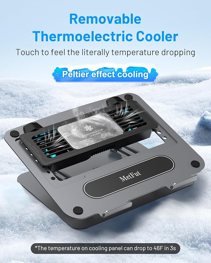 Laptop Cooling Pad with Detachable Fan & Thermoelectric Cooler, Adjustable Height & Angle, 360 Rotation Base, Carbon Steel Framework, Ultra-Quiet & Super Sturdy for up to 15.6” Laptop