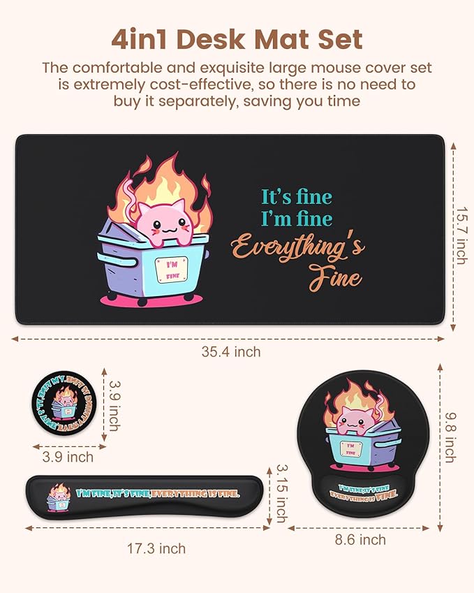 HAOCOO Mouse Pad with Wrist Rest, Dumpster Fire Funny Office Desk Accessories, XXL Desk Mat Set Office Decor, Keyboard Wrist Rest, Ergonomic Mouse Pad(Black)