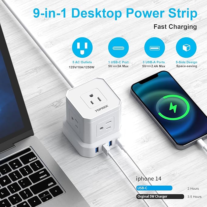 Extension Cord 25 FT, TOPREK 5 AC Outlets 4 USB, Power Strip with USB, USB C (15.5W/3.0A) Power Strip Surge Protector, Flat Plug Extension Cord for Apartment, Home Studio, RV