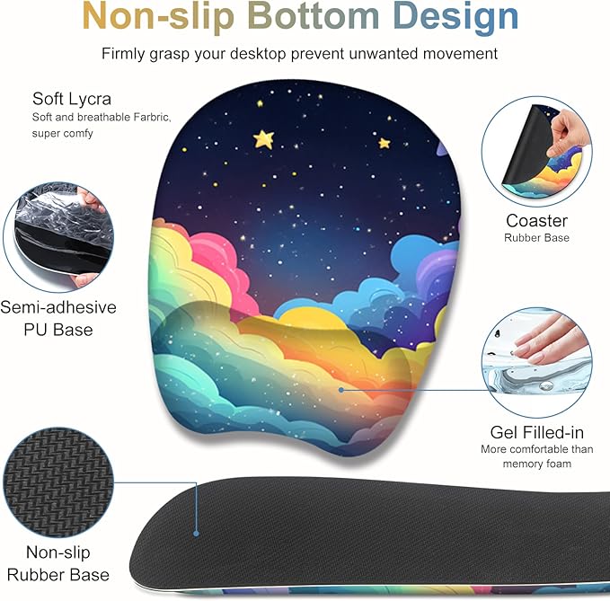 Mouse Pad with Wrist Support 4 in1 Set, XXL Big Game Mousepad + Keyboard Wrist Rest + Mouse Wrist Rest Pad +Coaster Gaming Mat for Home Office Work Computer Laptop I Colorful Clouds Starry Night