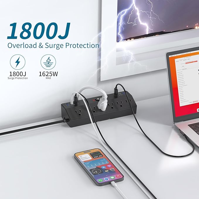 Desk Clamp Power Strip with 40W Fast Charging Station, JXGUCAT 10ft Flat Plug Power Strip Surge Protector, 2 USB-C Ports, 6 AC Outlets, Fit 2.48" Tabletop Edge, Home Office Desk Accessories Essentials
