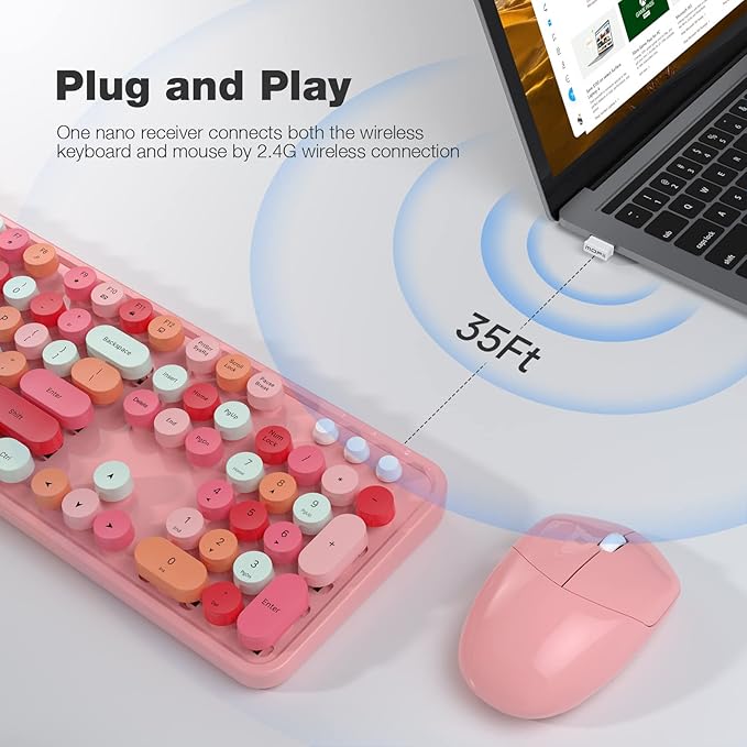 KNOWSQT Wireless Keyboard and Mouse Combo, Pink 104 Keys Full-Sized 2.4 GHz Round Keycap Colorful Keyboards, USB Receiver Plug and Play, for Windows, Mac, PC, Laptop, Desktop