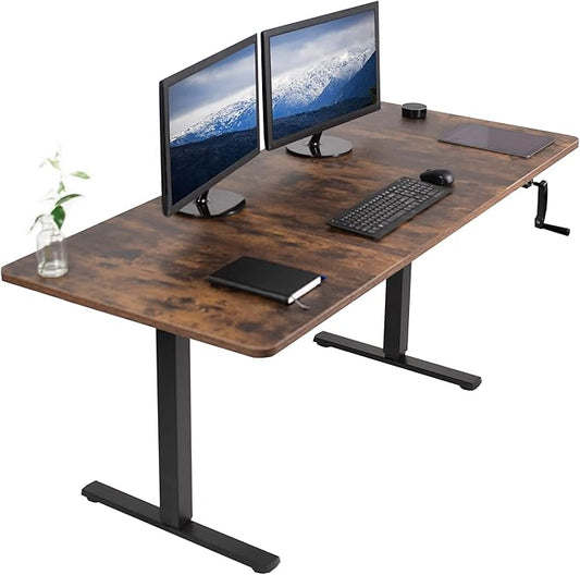 VIVO Manual Height Adjustable 71 x 30 inch Stand Up Desk, Rustic Vintage Brown Table Top, Black Frame, Standing Workstation with Foldable Handle, DESK-KIT-MB7N