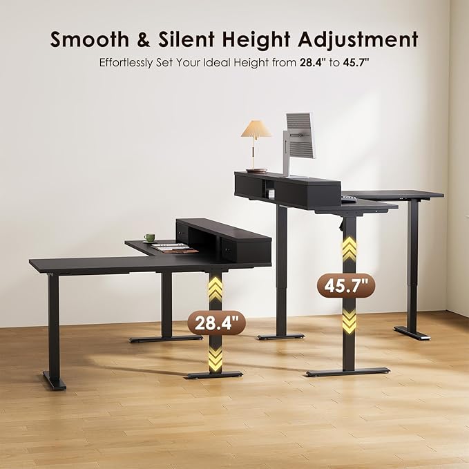 Casaottima 59 Inch Electric L-Shaped Standing Desk with Drawers, Height Adjustable Stand Up Corner Desk with Monitor Stand, Lift Table for Home, Office, Workstation, Black