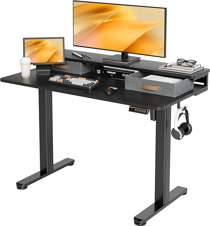Seang Electric Standing Desk with 2 Drawers, Adjustable Standing Desk with Storage Shelf, Height Adjustable Stand up Desk for Home Office with 3 Presets & 2 Hooks, 48 Inch, Black