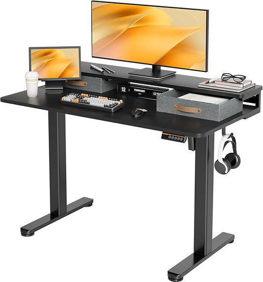 Seang Electric Standing Desk with 2 Drawers, Adjustable Standing Desk with Storage Shelf, Height Adjustable Stand up Desk for Home Office with 3 Presets & 2 Hooks, 48 Inch, Black