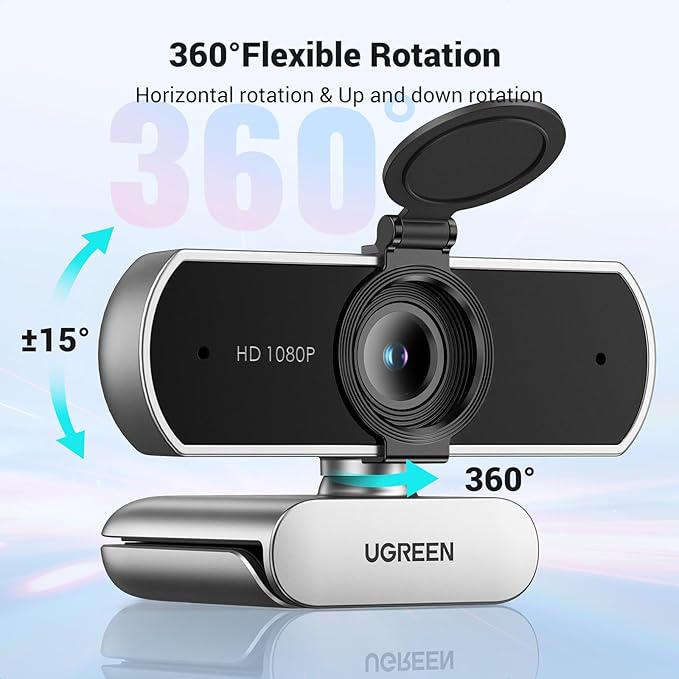UGREEN Full HD 1080P Webcam with Microphone, 2 Noise-Canceling Mics, 85° Fov & Fixed Focus, Plug and Play, Auto Light Correction, Privacy Cover PC Camera for Zoom/Skype/Teams, Switch 2, Silver Grey