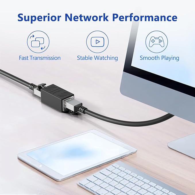 Jadaol RJ45 Coupler [UL Listed], Gold Plated Ethernet Cable Extender with PoE Support, 328ft Long Distance Extend, Female to Female Coupler for Cat8 Cat7 Cat6a Cat6 Cable (Black, 1Pack)