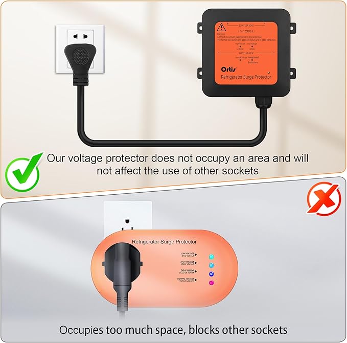 Ortis 4-Outlet Refrigerator Surge Protector with Time Delay, 1200J, Power Cord (5ft), Protects Against Spikes, Brownouts & Power Outages, Voltage Guard for Refrigerators 27 cu. ft. or More