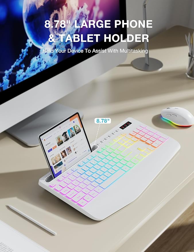 SABLUTE Wireless Keyboard and Mouse Combo, 9 Backlit Effects, Wrist Rest, Phone Holder, 2.4G Lag-Free Ergonomic Keyboards, KM22 MAX Rechargeable Silent Set for Computer, Laptop, Mac, Windows（White）
