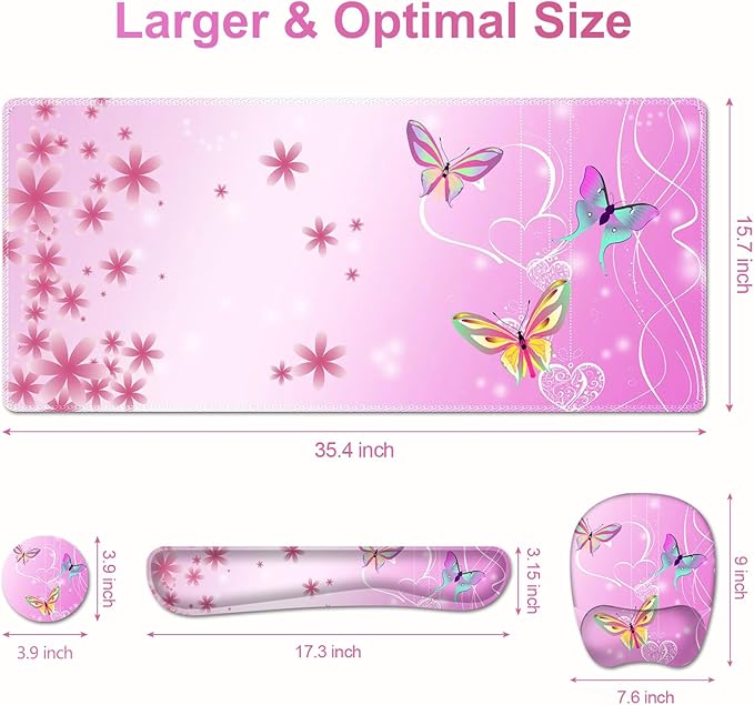 Mouse Pad with Wrist Support 4 in1 Set, XXL Big Game Mousepad + Keyboard Wrist Rest + Mouse Wrist Rest Pad +Coaster Gaming Mat for Work Study Home Office I Gradient Pink Butterfly Flower